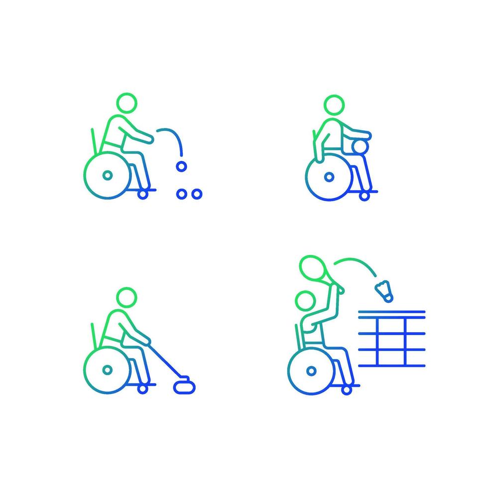 rullstol sport lutning linjär vektor ikoner set. adaptiva sportspel. konkurrenskraftiga bollspel. idrottsmän med funktionshinder. tunn linje kontur symboler bunt. isolerade kontur illustrationer samling