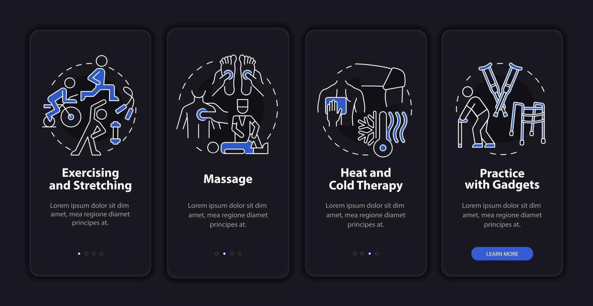 pt treatments dark onboarding mobilapp sidskärm. fysisk hälsa. fysioterapi genomgång 4 steg grafiska instruktioner med koncept. ui, ux, gui vektormall med linjära färgillustrationer vektor