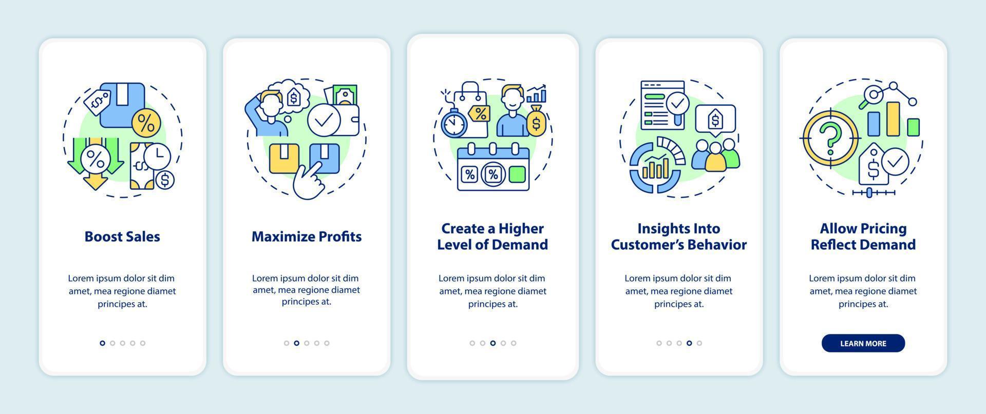 dynamiska prissättningsfördelar på mobilappskärmen. öka försäljningen genomgång 5 steg grafiska instruktioner sidor med linjära koncept. ui, ux, gui mall. otaliga pro-fet, vanliga typsnitt som används vektor