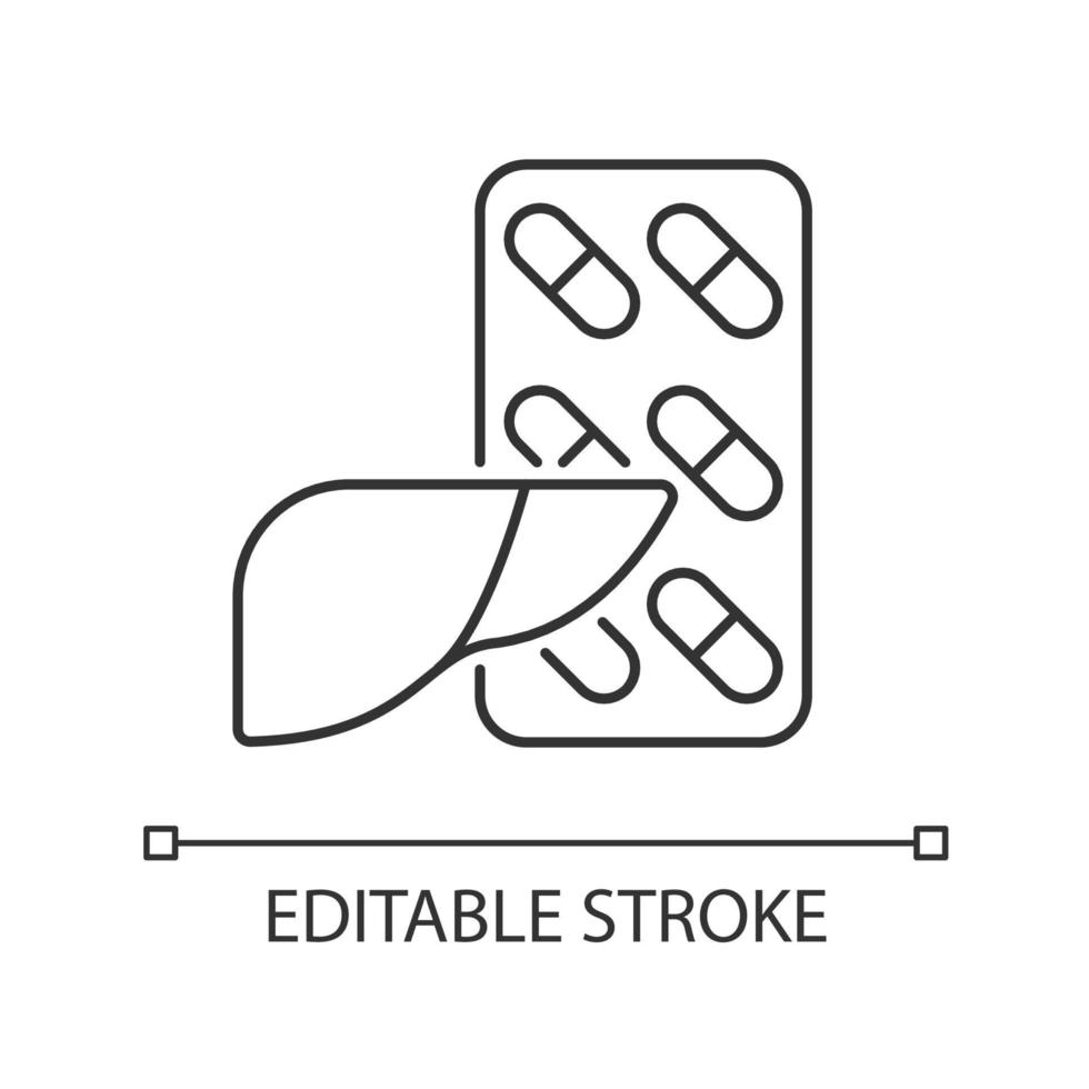 kosttillskott för lever linjär ikon. produkter för att avgifta levern. ökad ämnesomsättning. tunn linje anpassningsbar illustration. kontur symbol. vektor isolerade konturritning. redigerbar linje