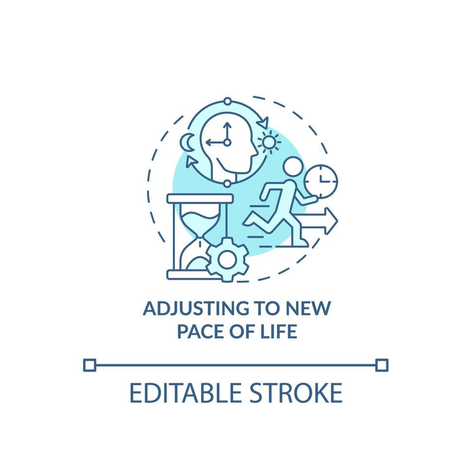 anpassa sig till ny takt i livet blå konceptikon. expats kämpar abstrakt idé tunn linje illustration. anpassning utomlands. dagligt schema. vektor isolerade kontur färgritning. redigerbar linje