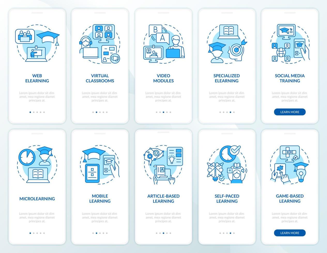 elektronisches lernen blauer onboarding mobiler app-bildschirmsatz. Komplettlösung 5 Schritte grafische Anleitungsseiten mit linearen Konzepten. ui, ux, gui-Vorlage. Unzählige pro-fette, normale Schriftarten werden verwendet vektor