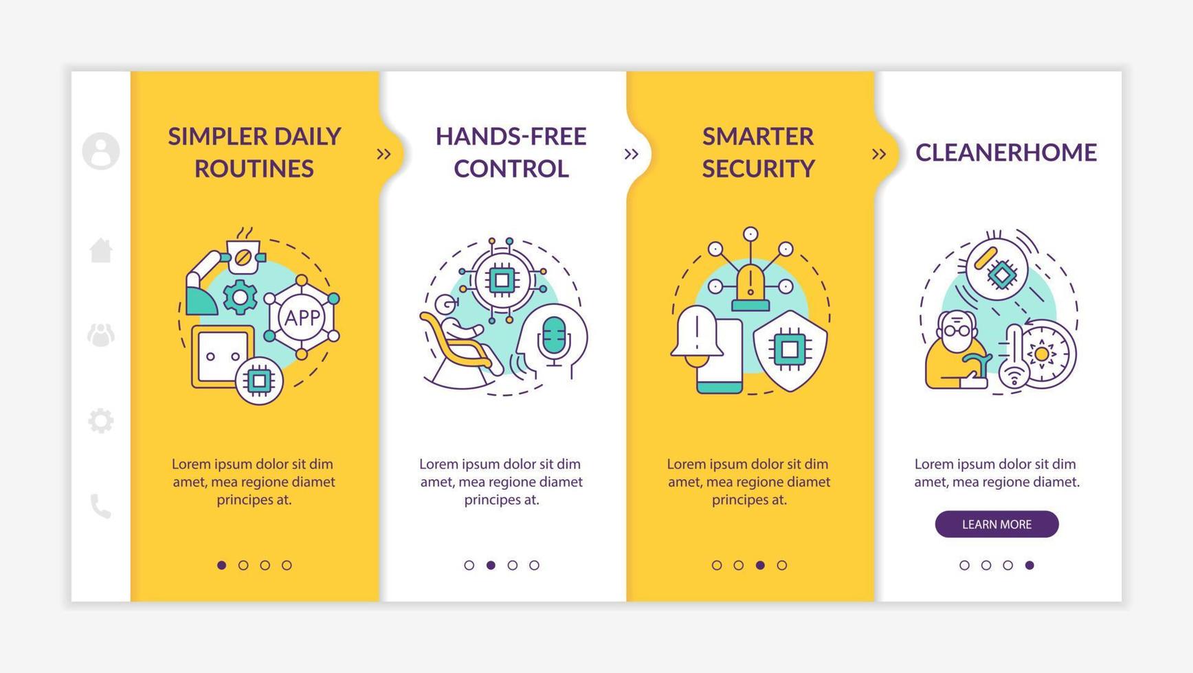 intelligente technologievorteile für ältere erwachsene gelbe onboarding-vorlage. Responsive mobile Website mit linearen Konzeptsymbolen. Webseiten-Komplettlösung 4-Schritt-Bildschirme. lato-fett, normale Schriftarten verwendet vektor