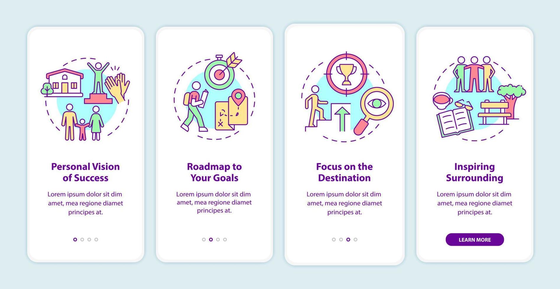 Glücks-Mindset-Komponenten beim Onboarding auf dem Bildschirm der mobilen App-Seite. Erfolg Walkthrough 4 Schritte grafische Anweisungen mit Konzepten. ui, ux, gui-vektorvorlage mit linearen farbillustrationen vektor