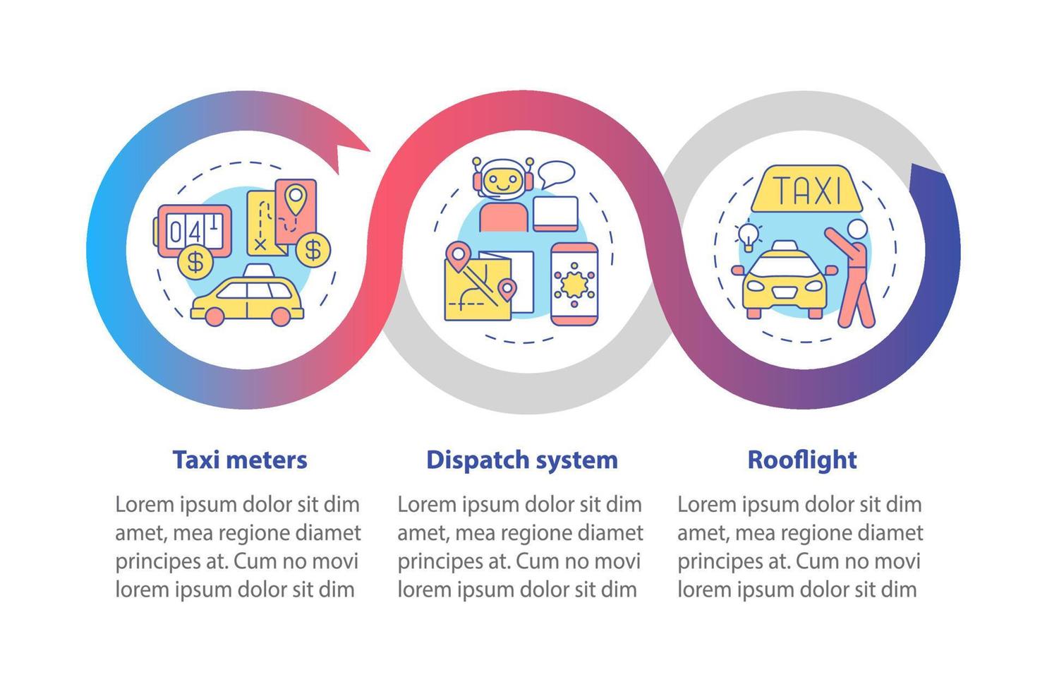 ausrüstung für infografik-vorlage für die taxigeschäftsschleife. Autofahrt. Datenvisualisierung mit 3 Schritten. Info-Diagramm der Prozesszeitachse. Workflow-Layout mit Liniensymbolen. Unzählige pro-fette, normale Schriftarten werden verwendet vektor