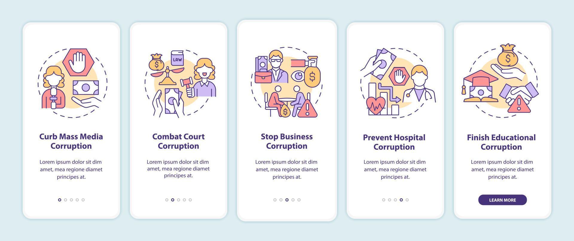 korruptionsförebyggande onboarding mobilapps sidskärm. kränkning bekämpa genomgång 5 steg grafiska instruktioner med koncept. ui, ux, gui vektormall med linjära färgillustrationer vektor