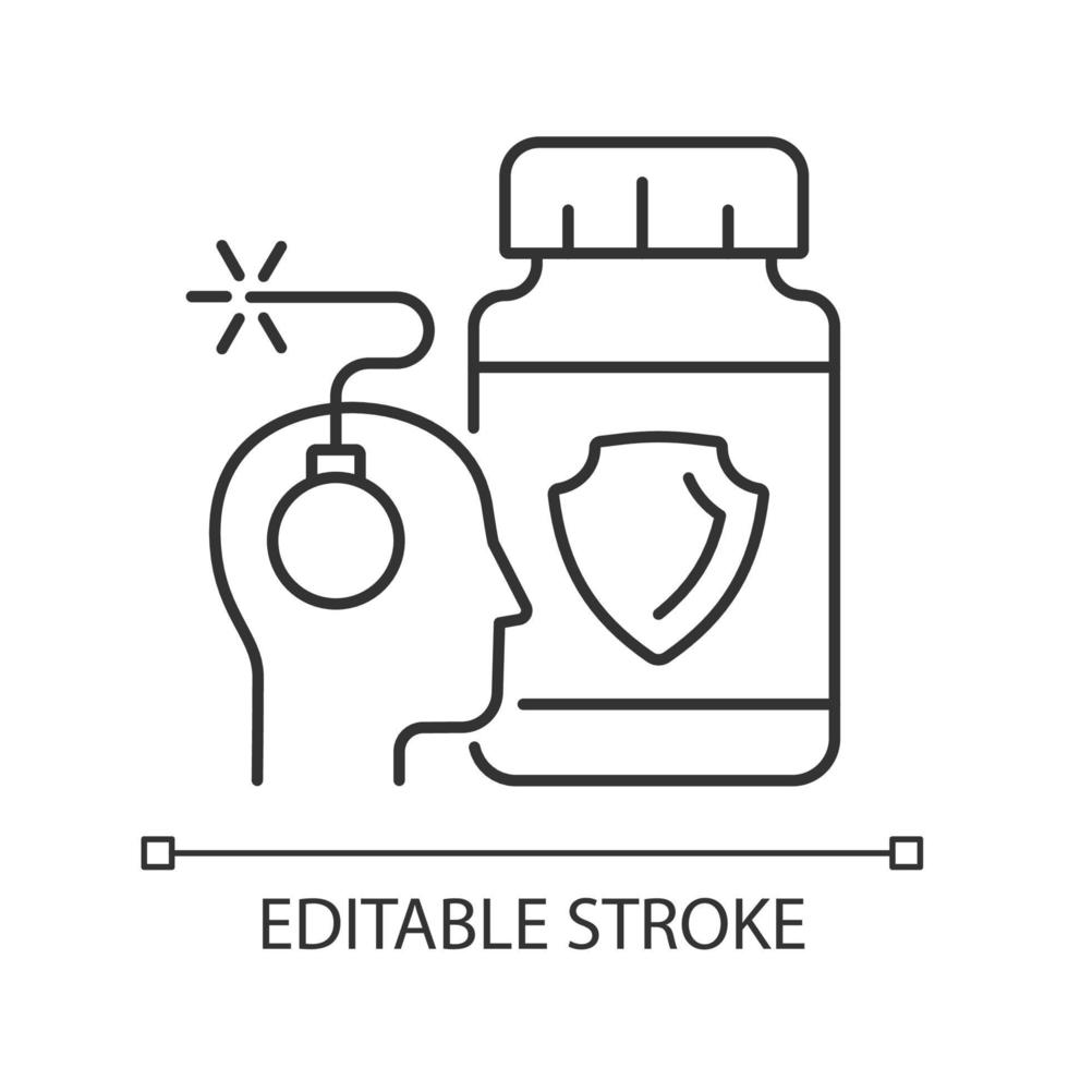 Angst ergänzt das lineare Symbol. psychische Störungen ergänzende Medikamente. dünne linie anpassbare illustration. Kontursymbol. Vektor isoliert Umrisszeichnung. editierbarer Strich