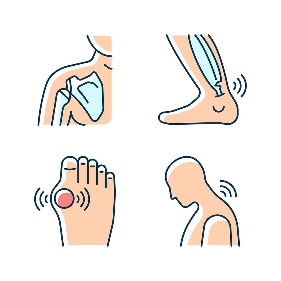 muskuloskeletal smärta rgb färgikoner set. axel ur led. muskler översträcker. ansamling av urinsyra. nackreumatism. isolerade vektorillustrationer. enkla fyllda linjeritningar samling vektor