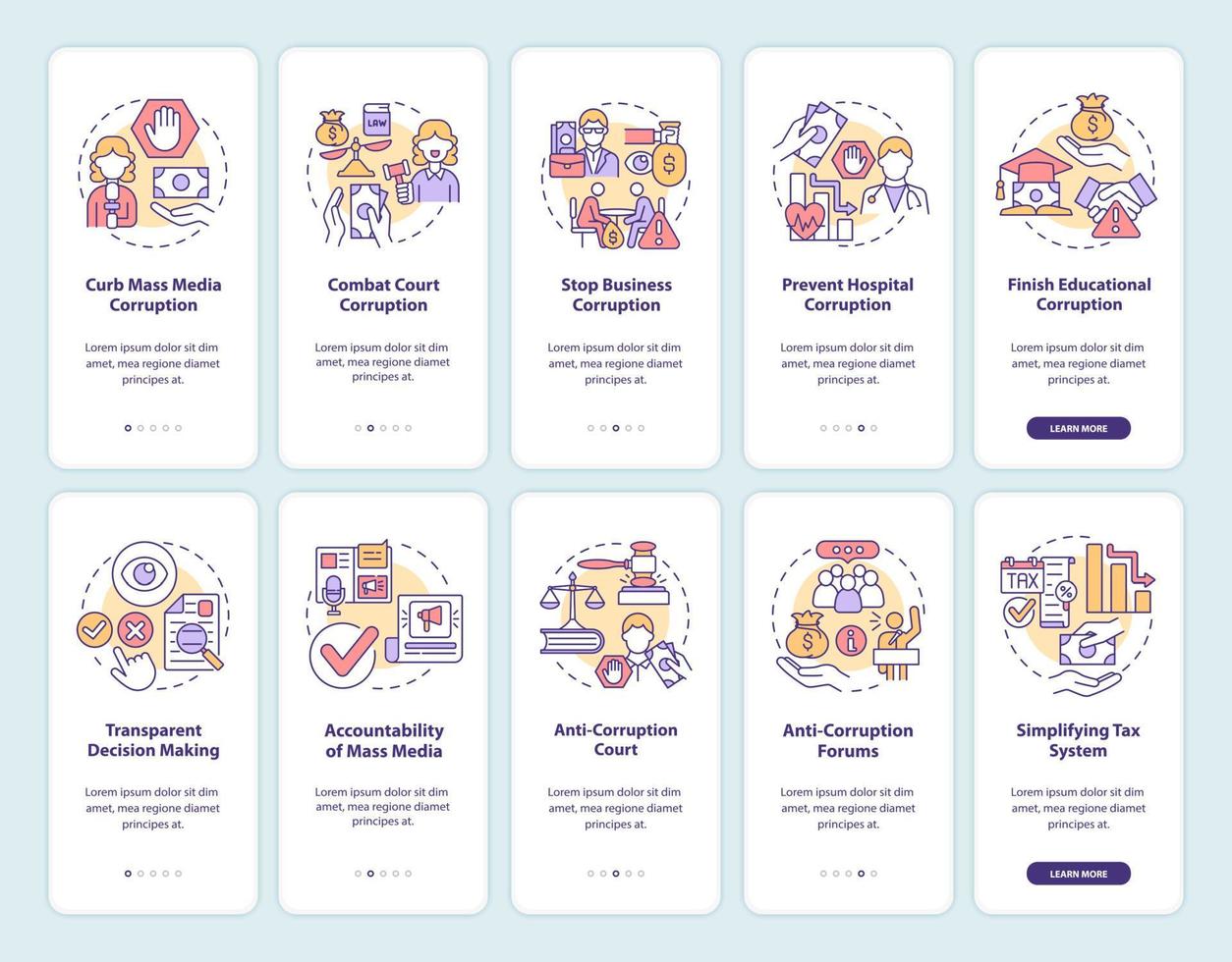 Korruption beim Onboarding auf der Seite der mobilen App. Beschädigte Regierung Walkthrough 5 Schritte grafische Anweisungen mit Konzepten. ui, ux, gui-vektorvorlage mit linearen farbillustrationen vektor