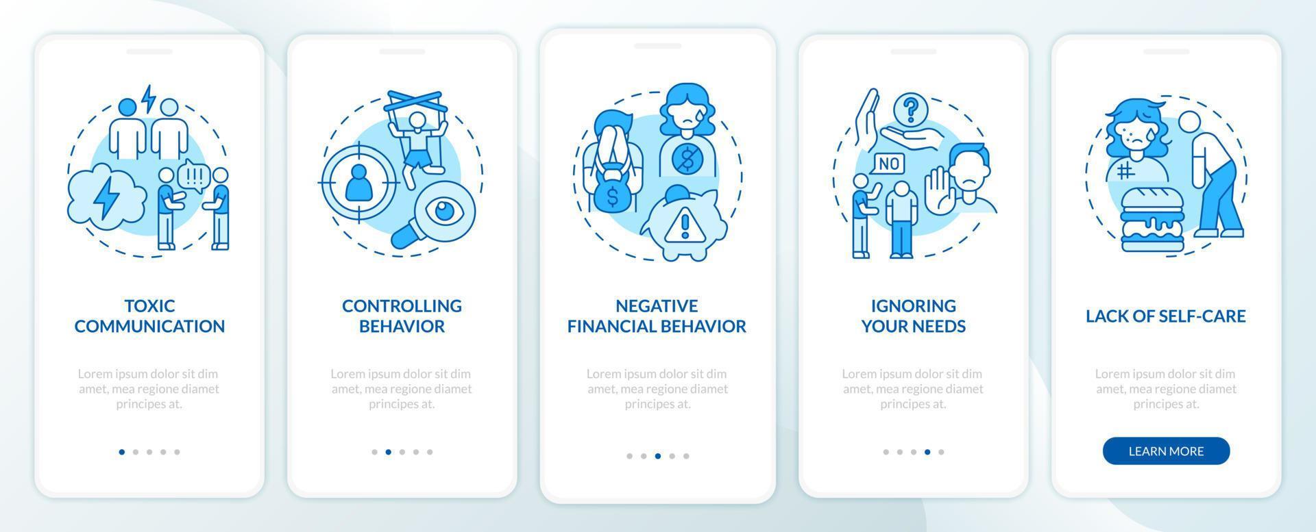 anzeichen für missbräuchliche beziehungen auf dem bildschirm der mobilen app-seite. Fehlende Selbstfürsorge Walkthrough 5 Schritte grafische Anleitungen mit Konzepten. ui, ux, gui-vektorvorlage mit linearen farbillustrationen vektor