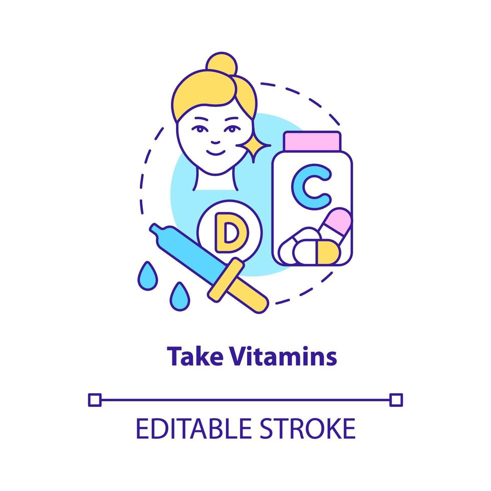 Nehmen Sie das Symbol für das Vitaminkonzept. Schönheit und Gesundheit. hautpflege routine abstrakte idee dünne linie illustration. isolierte Umrisszeichnung. editierbarer Strich. Roboto-Medium, unzählige pro-fette Schriftarten verwendet vektor