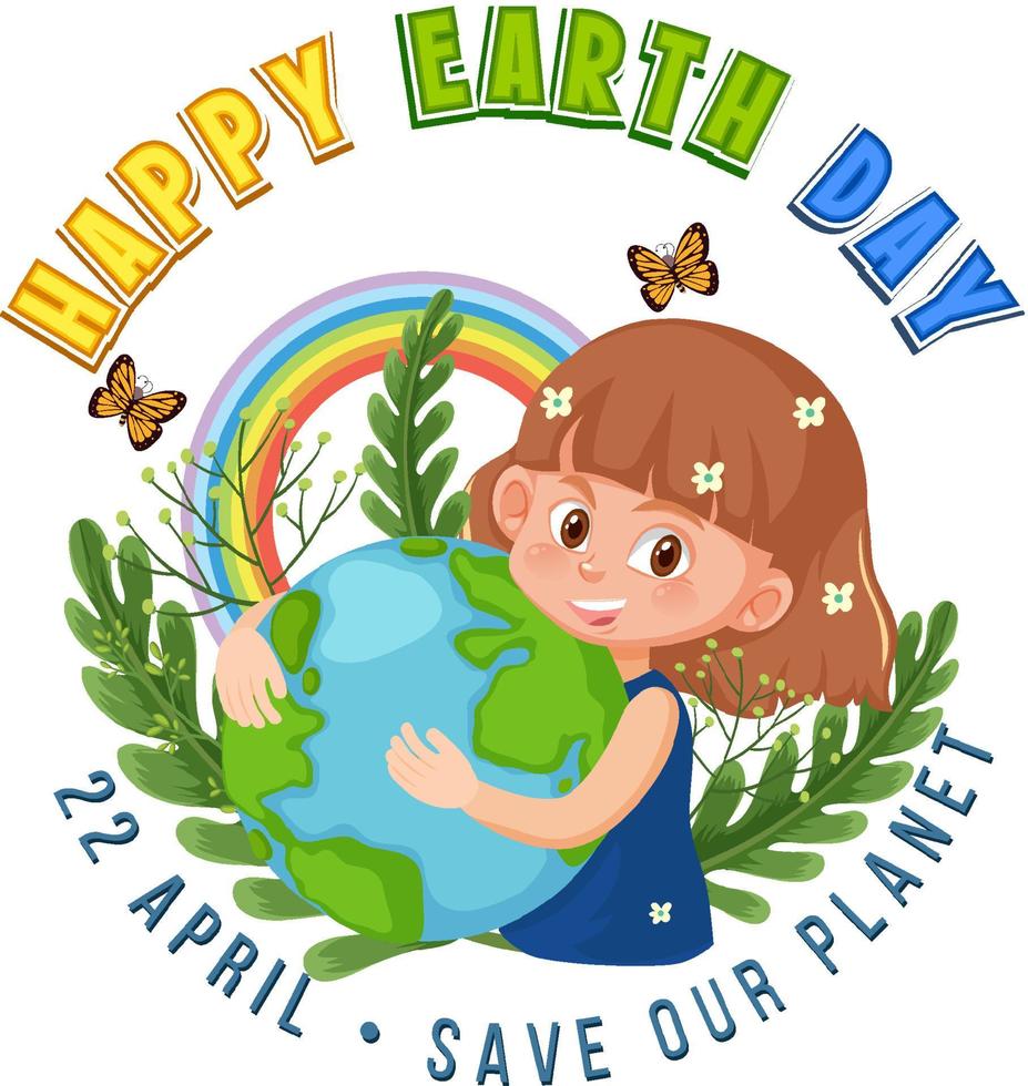 Happy Earth Day Banner Design mit einem Mädchen, das die Erde umarmt vektor