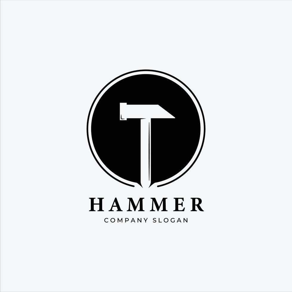hammer logo vektor design illustration vintage, zimmermannshaus, konzept des arbeitsplatzes mit zimmerei, zeichen des schlags