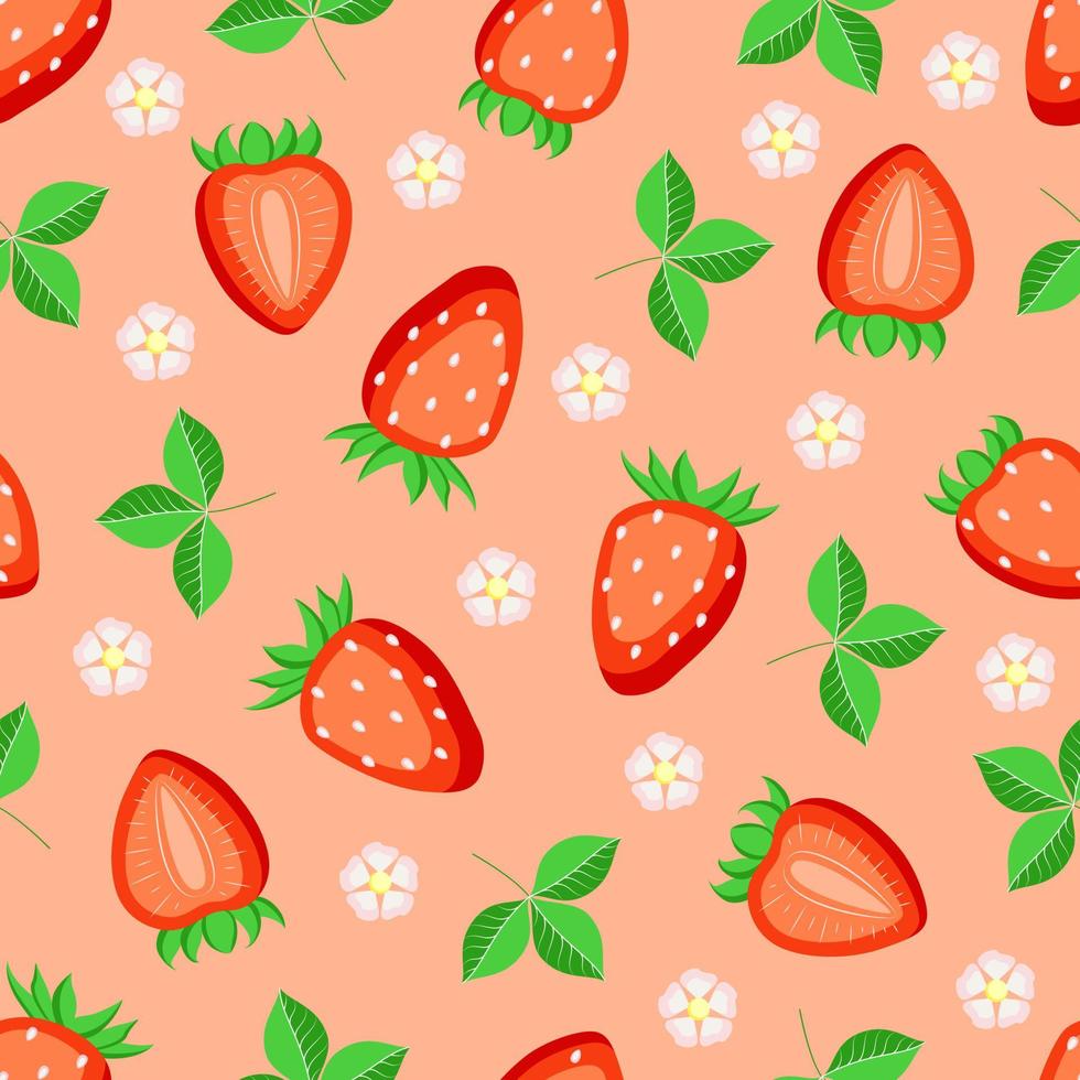 Erdbeeren mit Blättern und Blüten auf rosa Hintergrund. Vektor nahtlose Muster