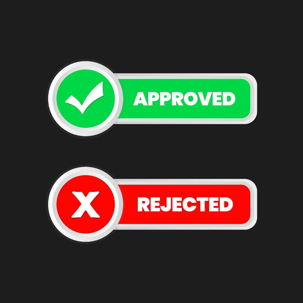 godkänd och avvisad knapp, ja- och nej-knappar, godkända och ej accepterade knappar, ikoner för acceptera och avvisa, avvisad, sant vektor