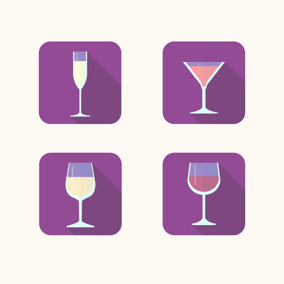 flache ikonen von gläsern mit champagner, wein, martini vektor