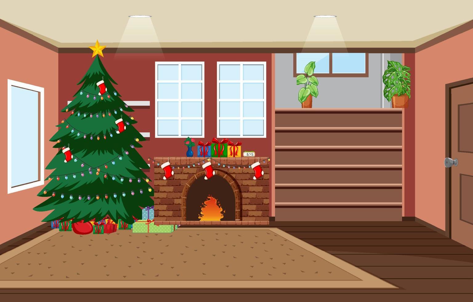 tomt rum med julgran och öppen spis dekorerad med julelement vektor