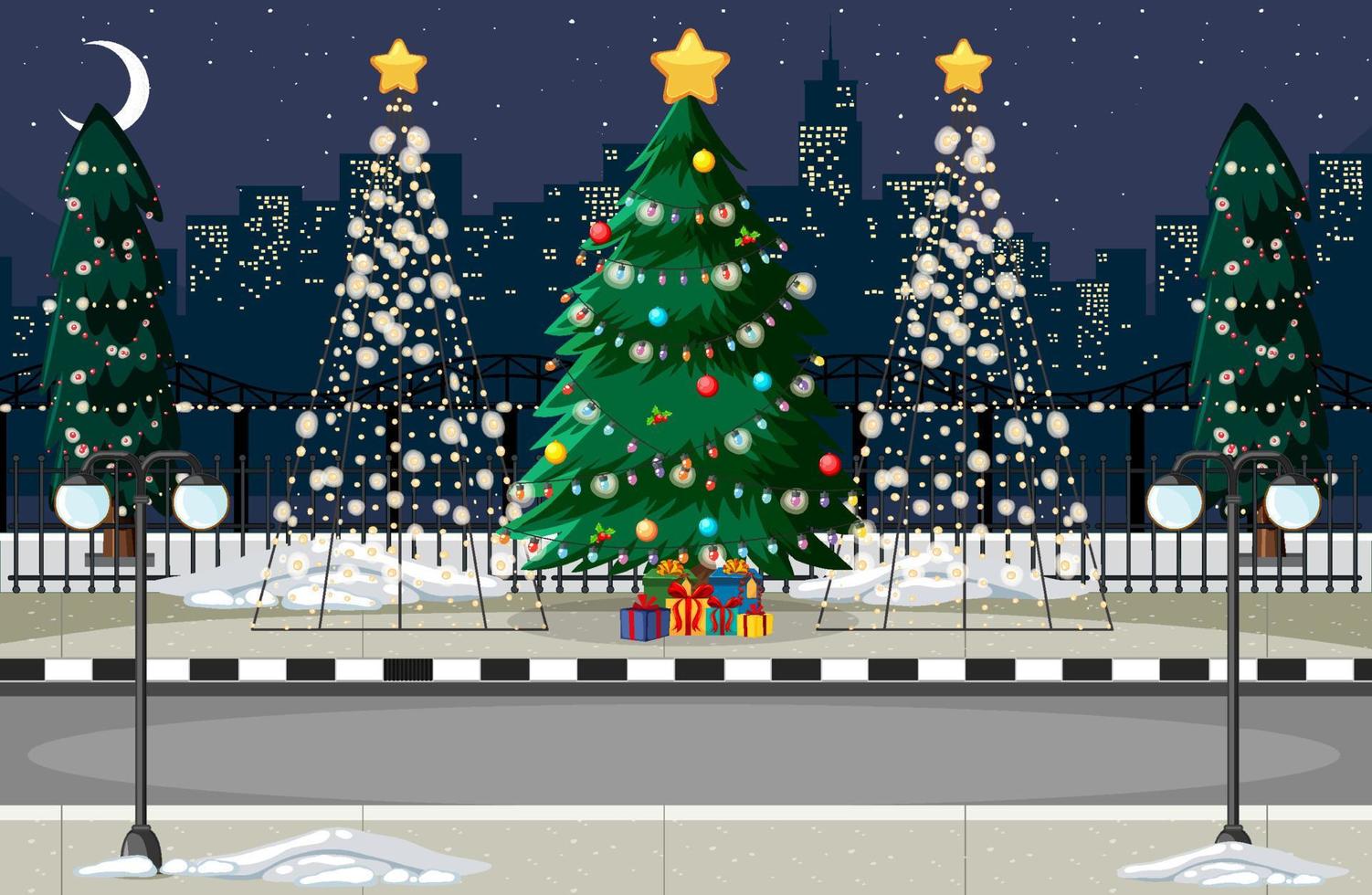geschmückter weihnachtsbaum in der stadt bei nachtszene vektor