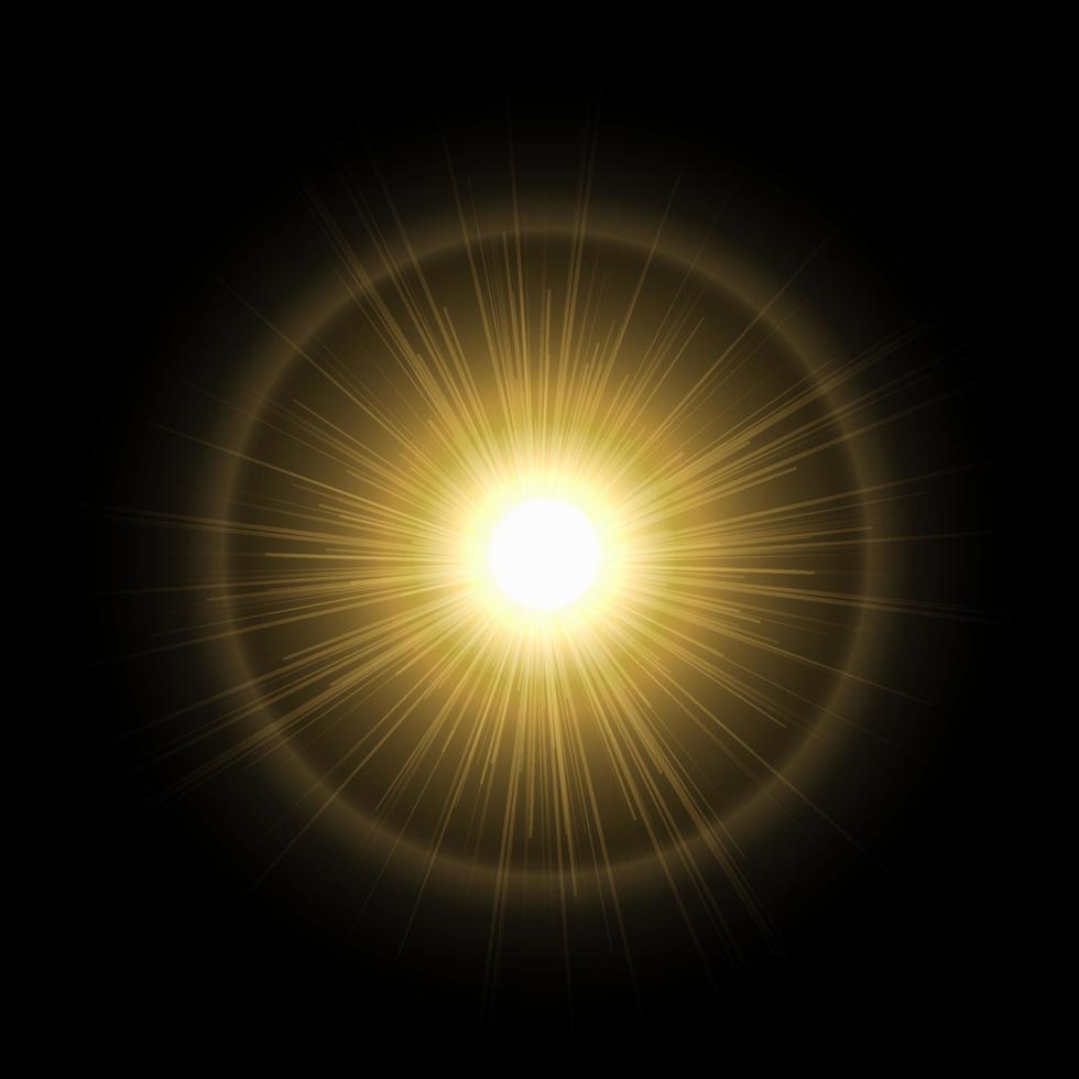 glänzende Sonne im schwarzen Hintergrund. Lichtstrahlen, glänzende Sonnenstrahlen Sommerhintergrund. heißer und glänzender sonnenlichtvektor vektor