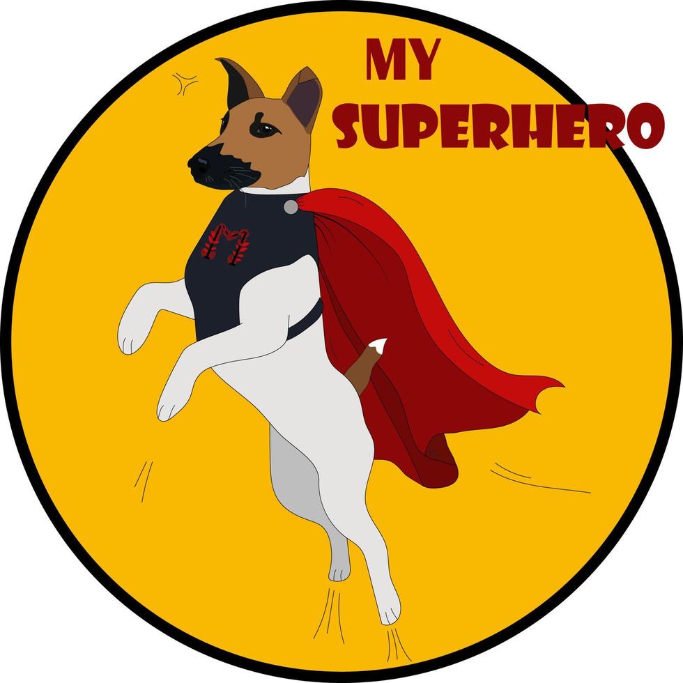 Hunde-Superhelden-Charakter im gelben Kreis. Flying Fox Terrier im Umhang. vektor