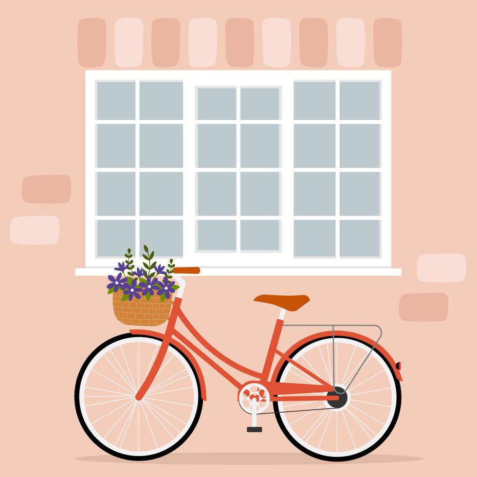 Fahrrad mit Blumenkorb unter dem Fenster. vektor