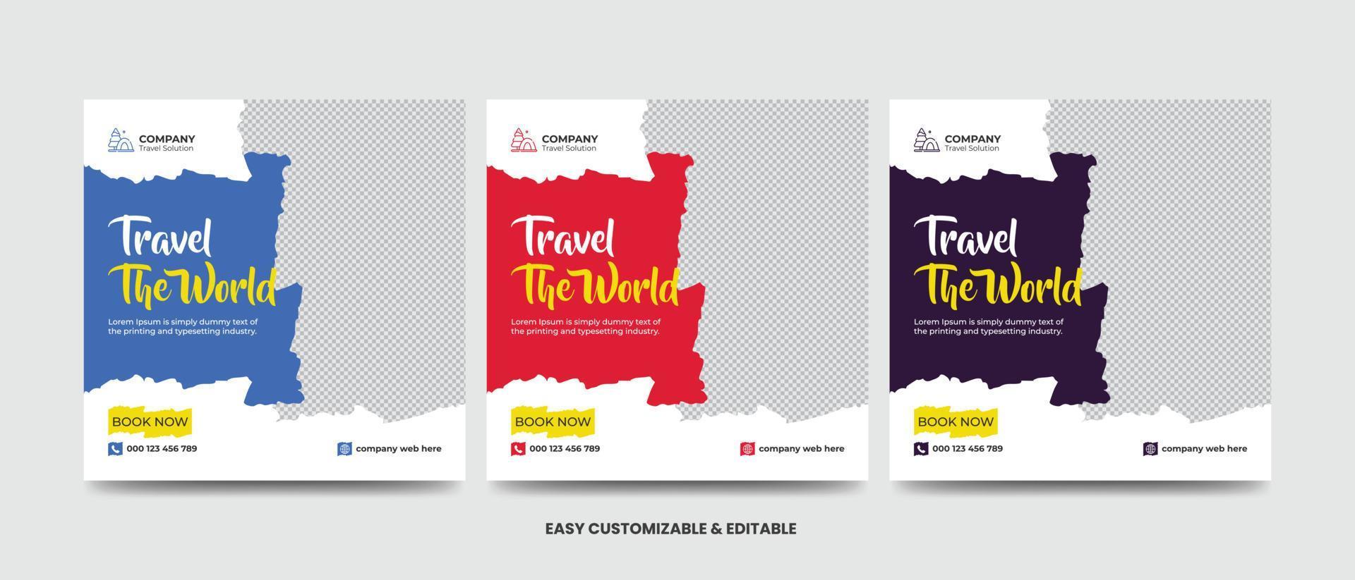 Reise- und Urlaubsquadrat-Social-Media-Banner-Post-Vorlage mit Pinselstrich. Werbebanner für Reisebüros vektor