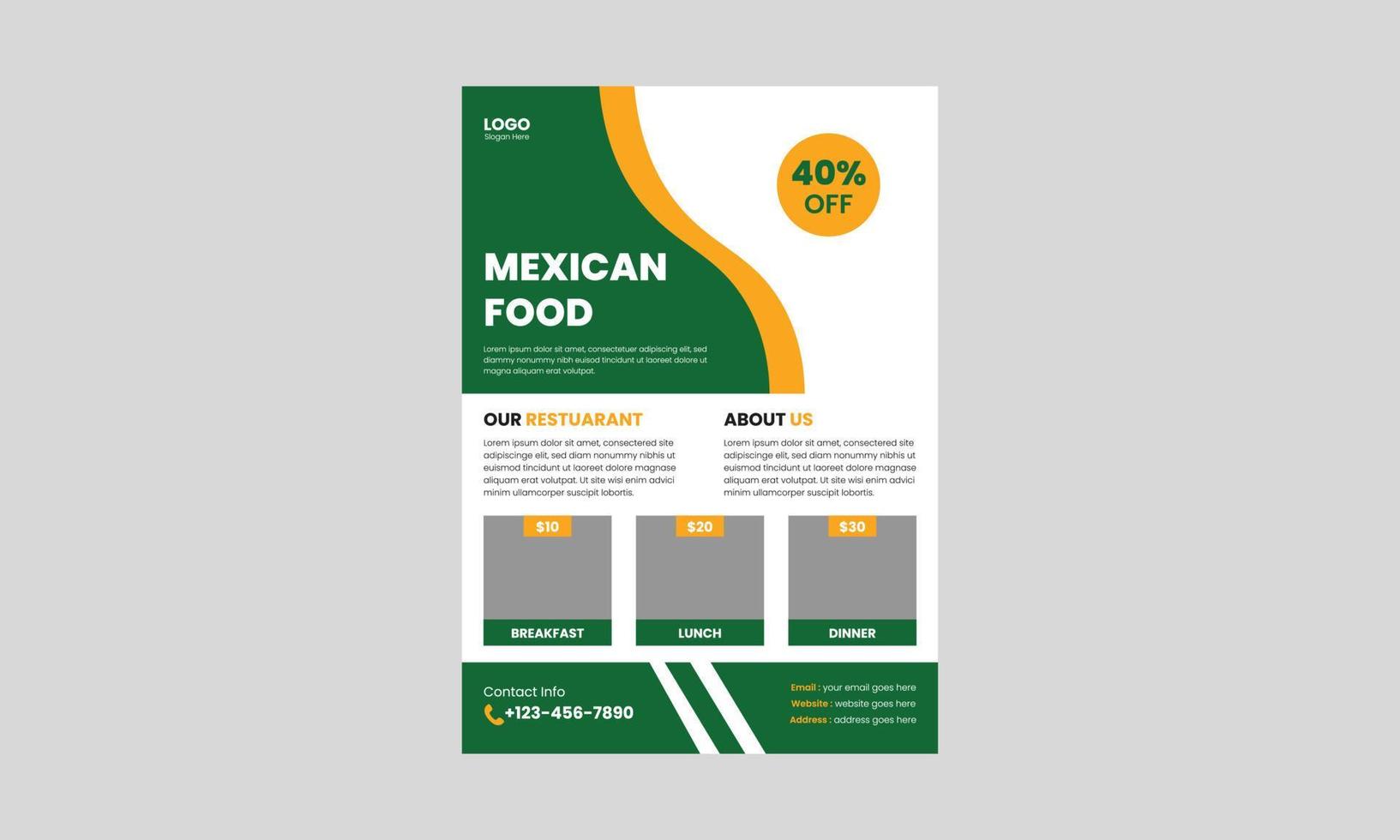 mexikansk mat flygblad malldesign. utsökt mexikansk matreklamblad. mexikansk matrestaurangmeny design av broschyr, a4-storlek, flygblad, omslag, broschyr, tryckfärdig vektor