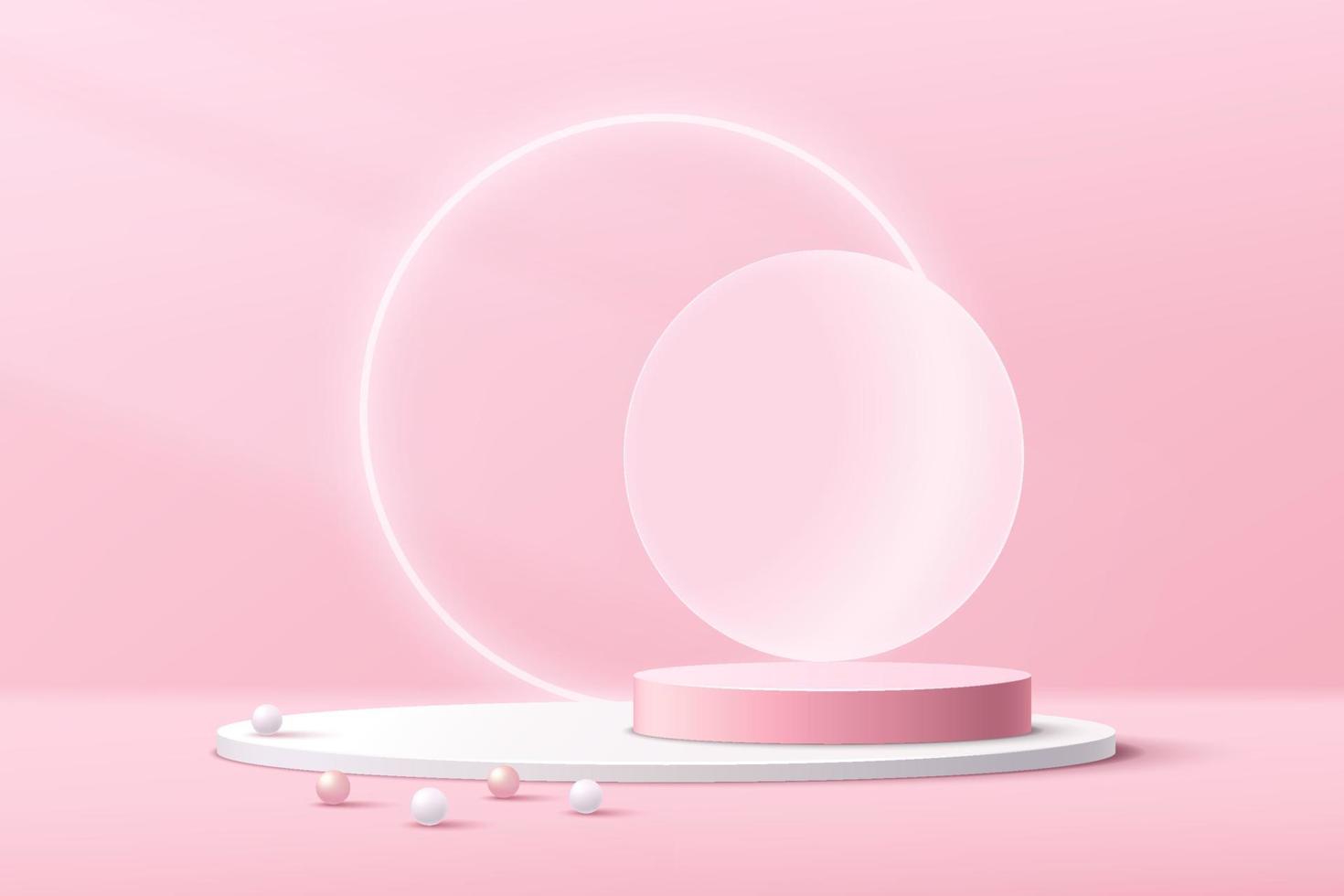 süßes rosa, weißes Zylinderpodest. Plattform mit geometrischer Form. kreis neon hintergrund. Minimale Wandszene. pastellfarbener abstrakter raum. Vektor-Rendering Geometrische 3D-Form für die Produktpräsentation vektor