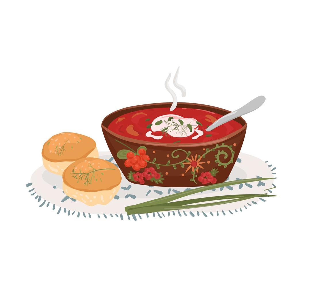 Traditionelle ukrainische Rote-Bete-Suppe, borsch.Vektorillustration isoliert auf weißem Hintergrund.Platte mit heißer Suppe mit saurer Sahne und Zwiebeln. vektor