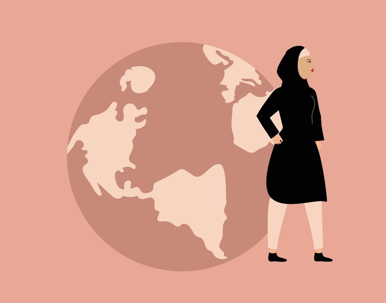 feministische arabische Frau aus dem Nahen Osten steht neben der Weltkugel und sieht selbstbewusst aus. glücklicher internationaler aktivisten- und feminismustag. Frauenförderung, Umweltschutz oder Tag der Rettung der Erde vektor