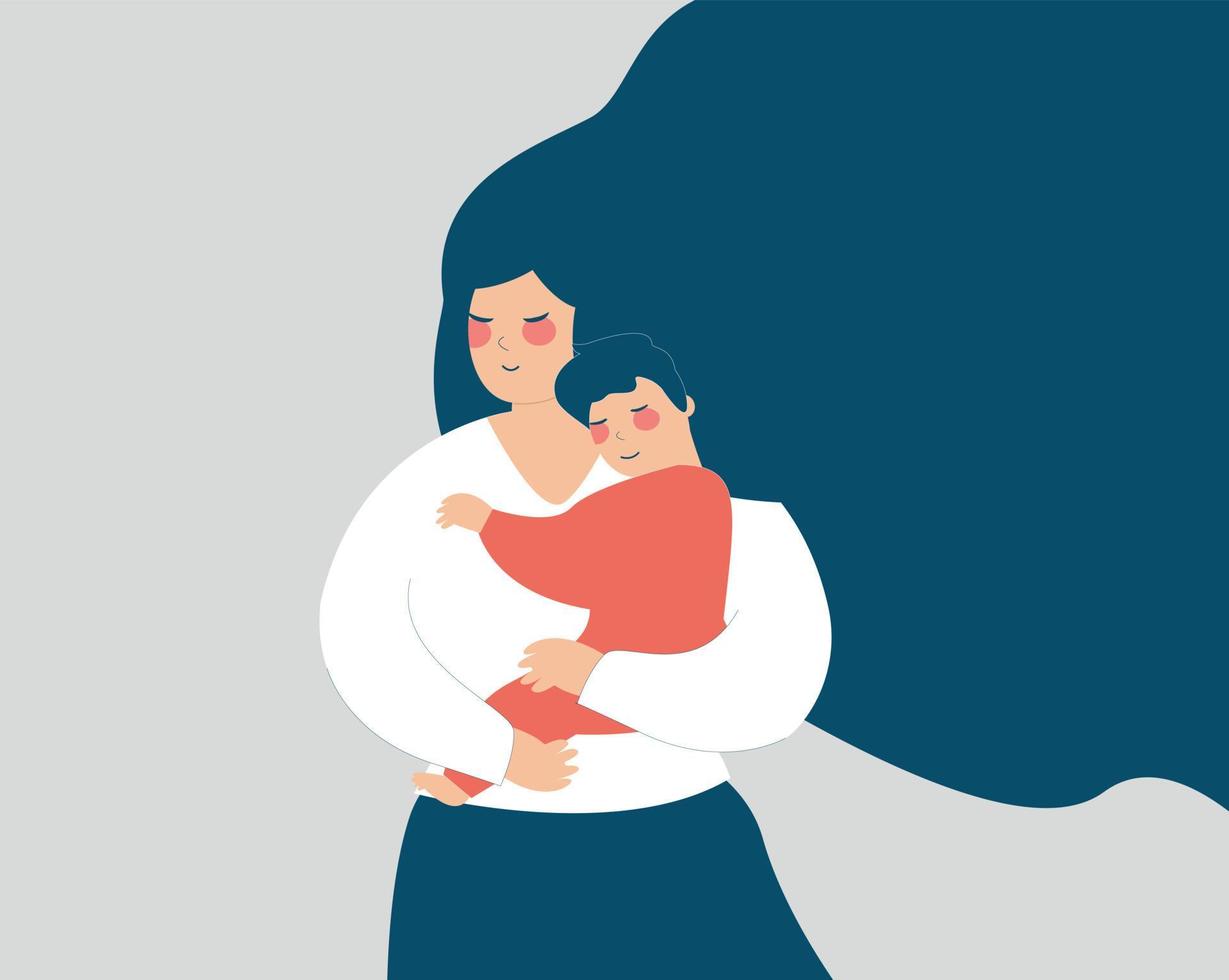 schöne mutter umarmt ihren sohn mit liebe, junge mutter hält ihr baby mit sorgfalt. glücklicher internationaler muttertag, umarmen eines kleinen jungen, eltern und kind, elternschaft, mutterschaftskonzept. Vektor-Illustration vektor