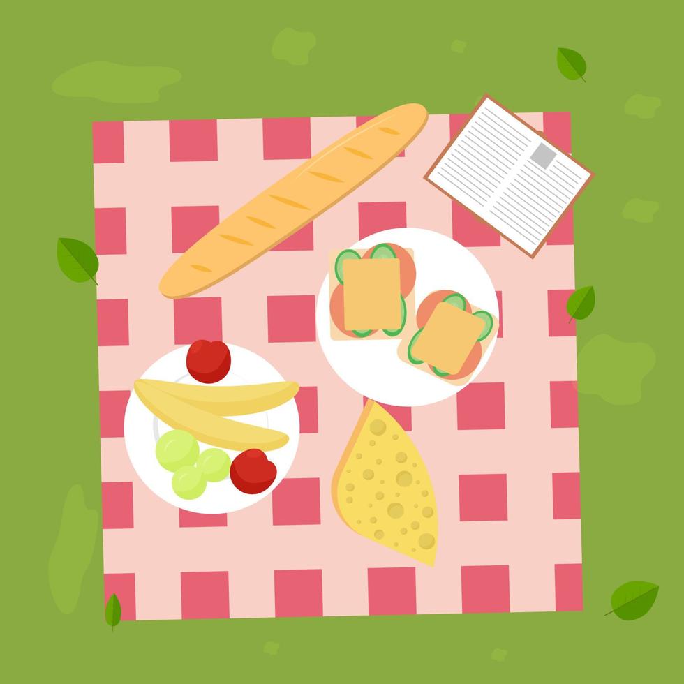 picknickdecke mit obst, sandwich, buch, käse und baguette vektor