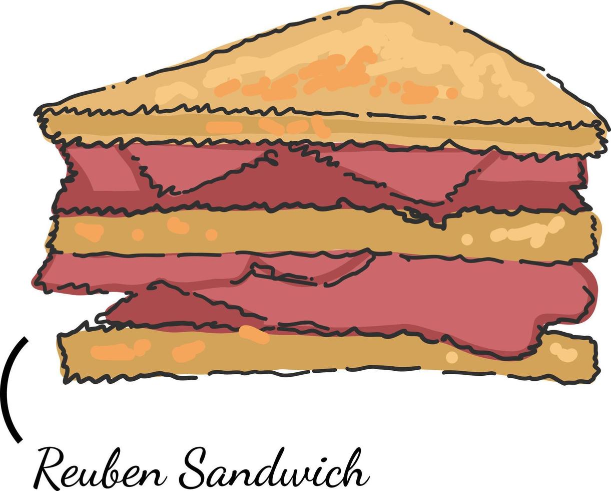 amerikansk street food grillad reuben-smörgås med corned beef, schweizisk ost, surkål och rysk dressing vektor