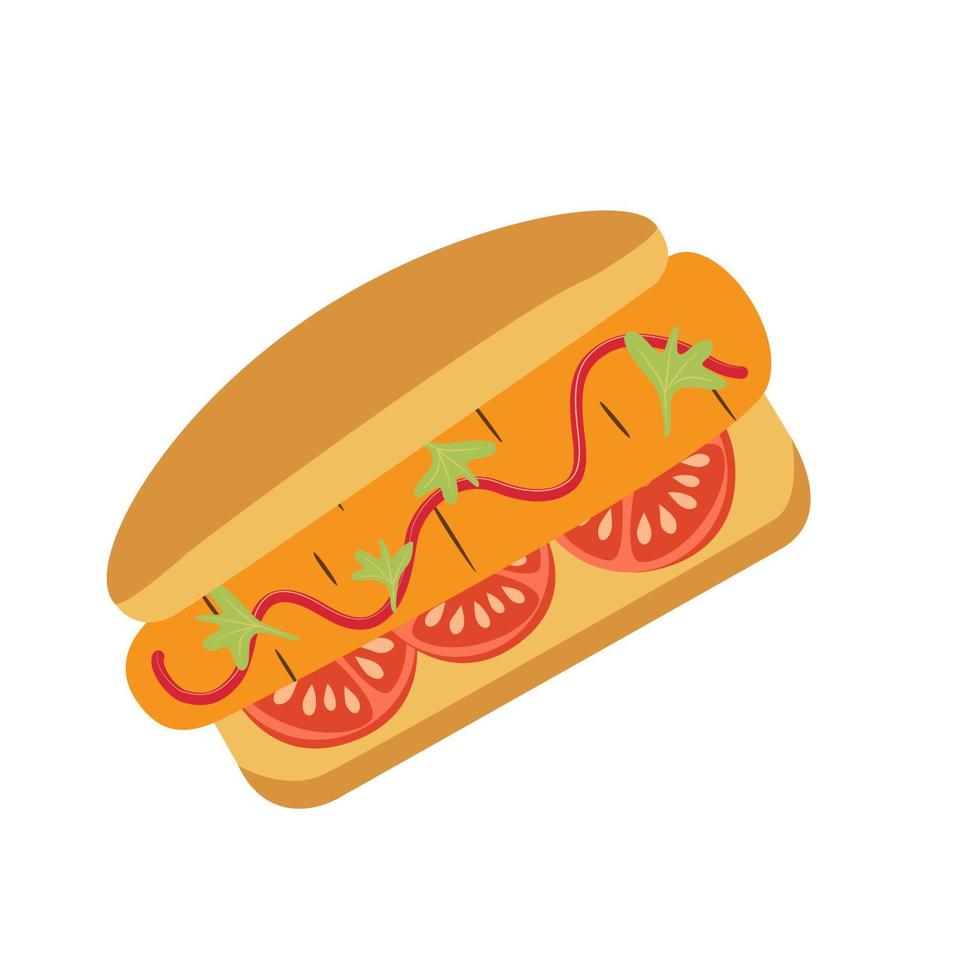 Veganer Hot Dog mit Karotten, Tomaten, Gemüse und Ketchup-Vektorillustration. Pflanzenbasiertes Fastfood-Bild für Menü, Symbol, Werbung, Banner, Poster, Aufkleber. vektor