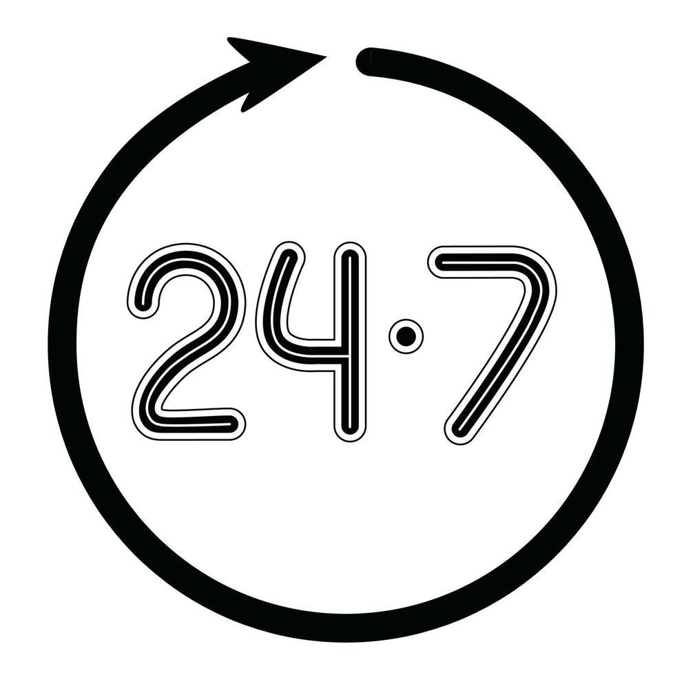 24 7 verfügbarer Service, 24 Stunden am Tag und 7 Tage die Woche geöffnet mit rundem Pfeil. vektor isolierte illustration. für Schilder, Tafeln, Symbole, E-Commerce, Support-Service.