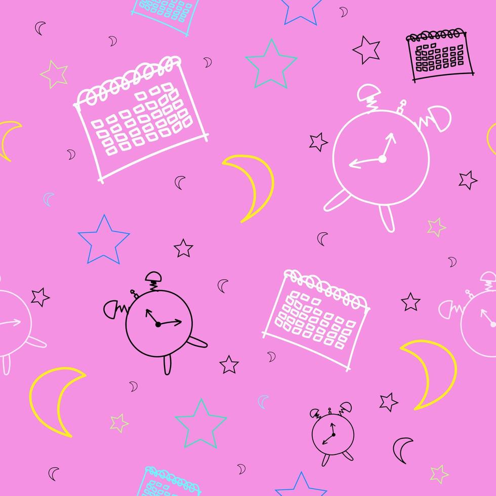 sömlös design av klocka och kalender på en härlig och söt rosa bakgrund. skiss koncept vektor
