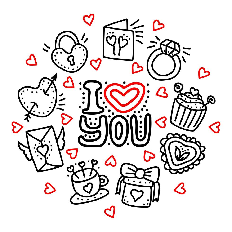 uppsättning handritade alla hjärtans dag doodle vektor ikoner. alla hjärtans dag kärlekshjärtan, mugg, present, cupcakes, kort, brev, ring, lås, kuvertmeddelanden ikoner