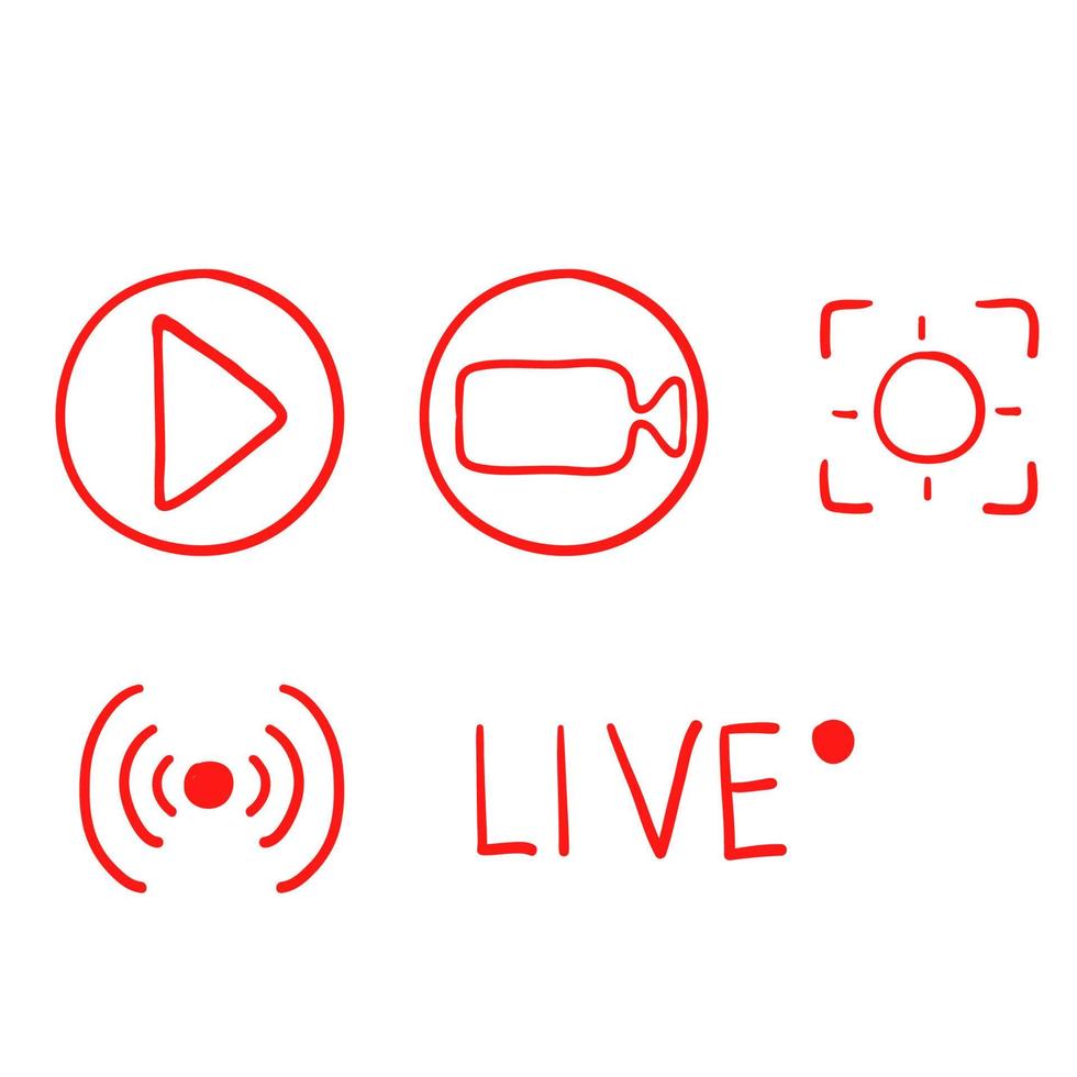 set hand gezeichnet von live-streaming-symbolen. Set von Videoübertragungen und Live-Streaming-Symbolen. Knopf, rote Symbole für Fernsehen, Nachrichten, Filme, Shows. Gekritzel vektor