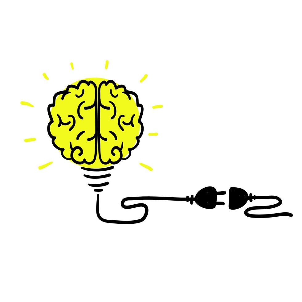 handgezeichnetes Doodle-Ideenkonzept, menschliches Gehirn in Glühbirne, kreatives Glühbirnenzeichen, Innovationen. Vektor