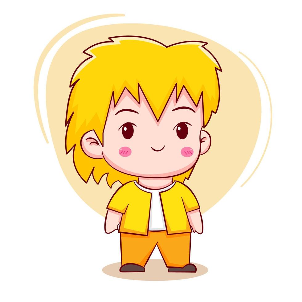 söt seriefigur av gul långhårig pojke handritad stil platt karaktär isolerad bakgrund vektor