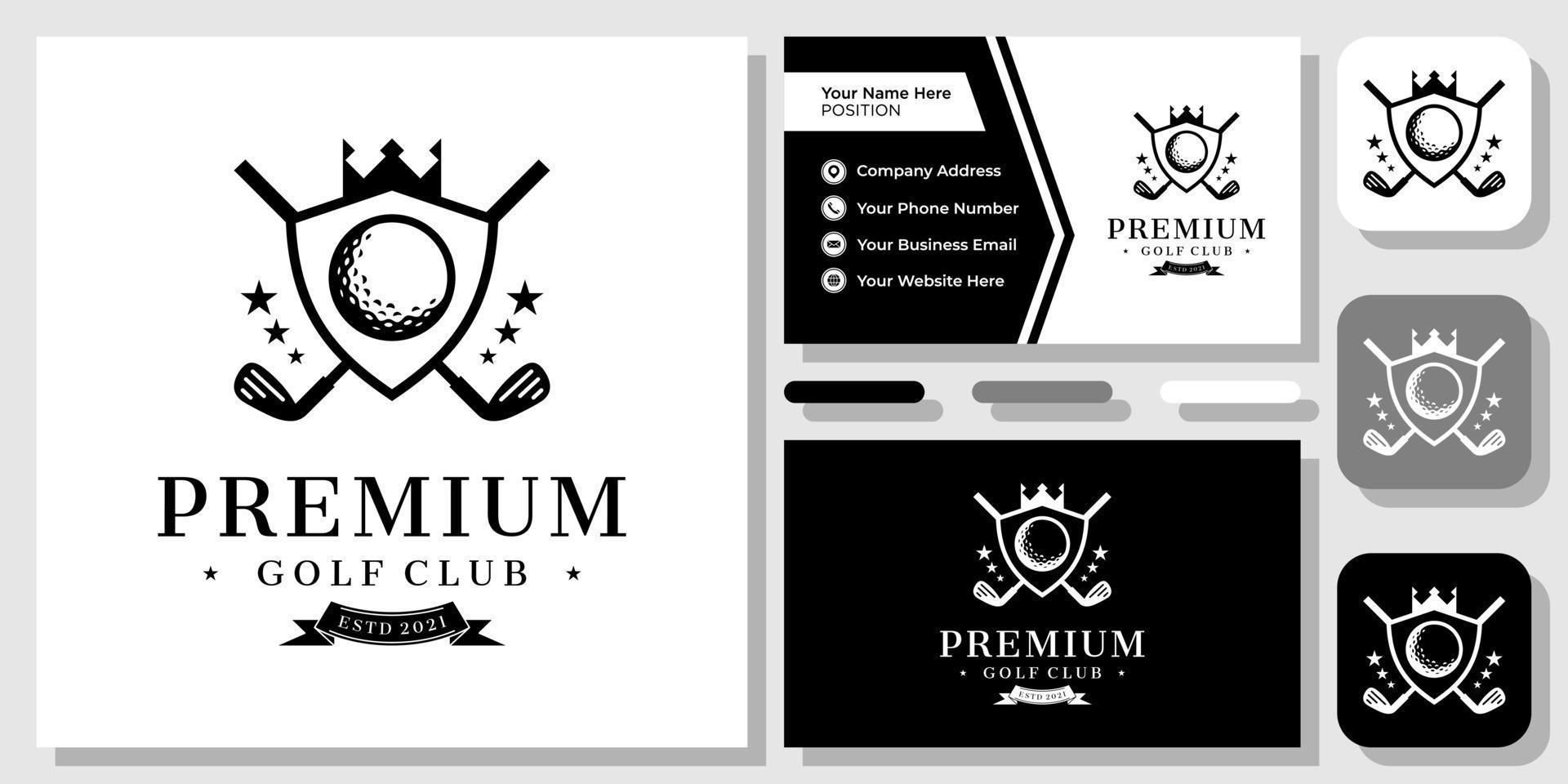 Golf-Schild-Krone-Club-Ball-Emblem-Sport-Band-Champion-Logo-Design mit Visitenkartenvorlage vektor