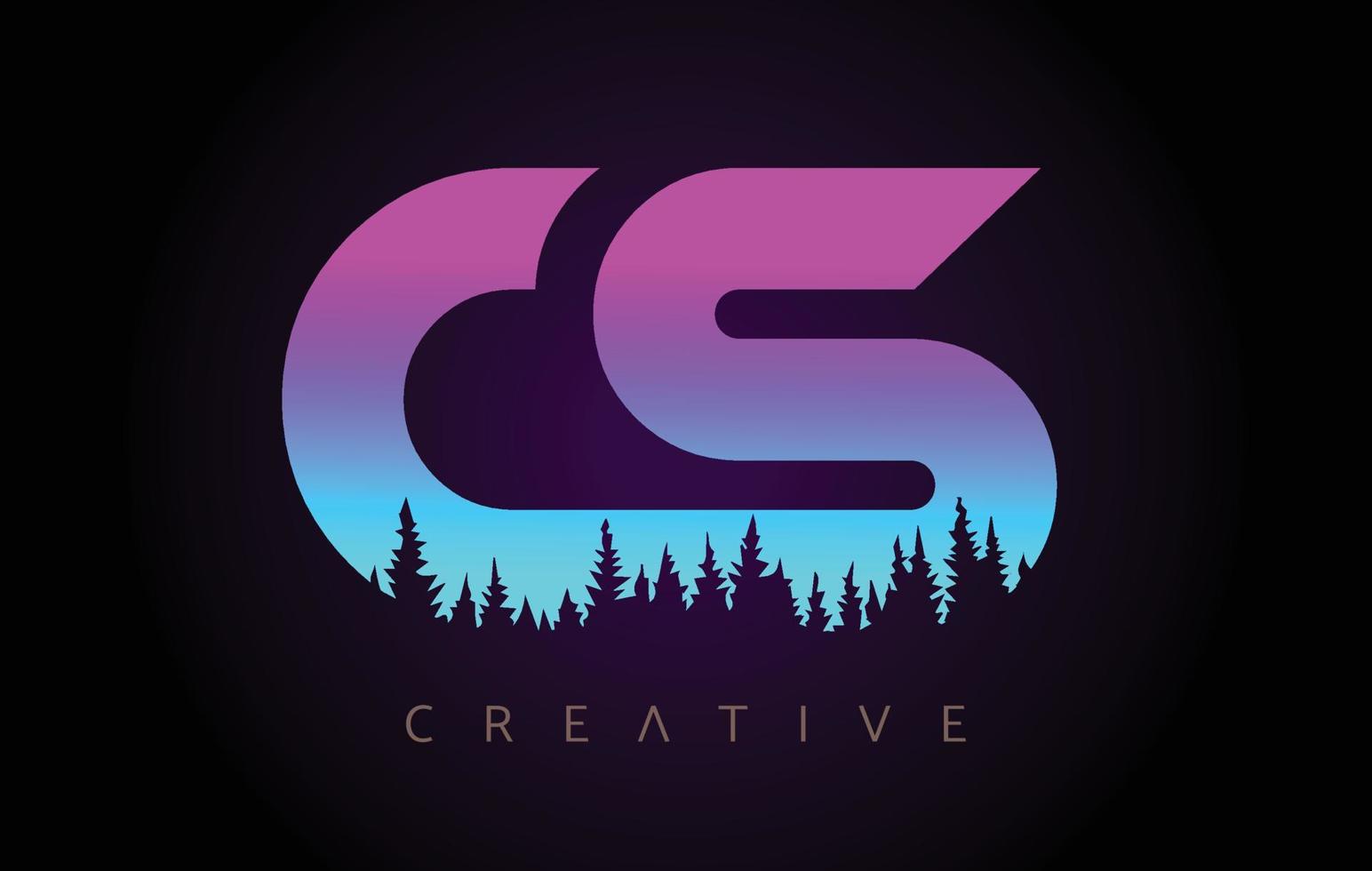 cs-Buchstaben-Logo-Design mit lila blauen Farben und Kiefernwaldbäumen Konzeptvektorsymbol vektor