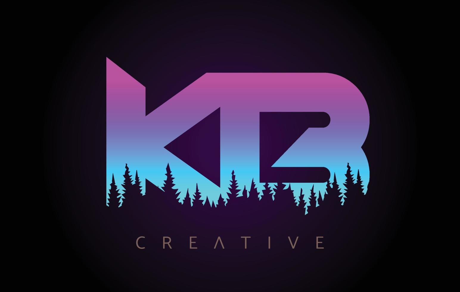 kb-Buchstaben-Logo-Design mit lila blauen Farben und Kiefernwaldbäumen Konzeptvektorsymbol vektor