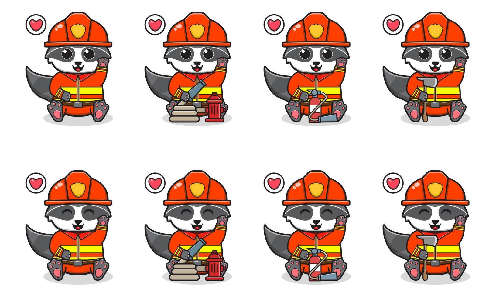 vektor illustration av söt sittande tvättbjörn tecknad med brandman kostym och hand upp pose.