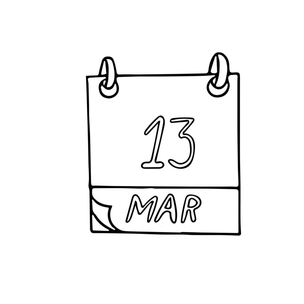 kalender hand dras i doodle stil. 13 mars datum. ikon, klistermärke, element för design vektor
