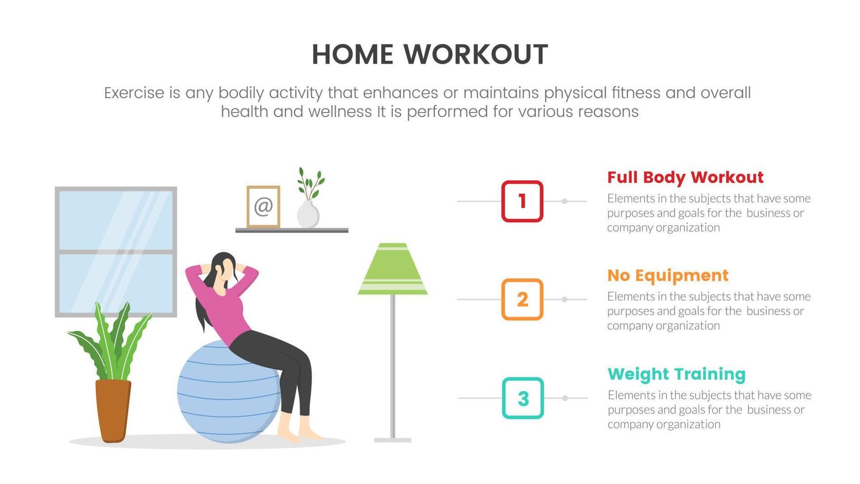 Heimtraining mit Frau und Gymnastikball Infografik-Konzept für Folienpräsentation mit 3-Punkte-Liste vektor