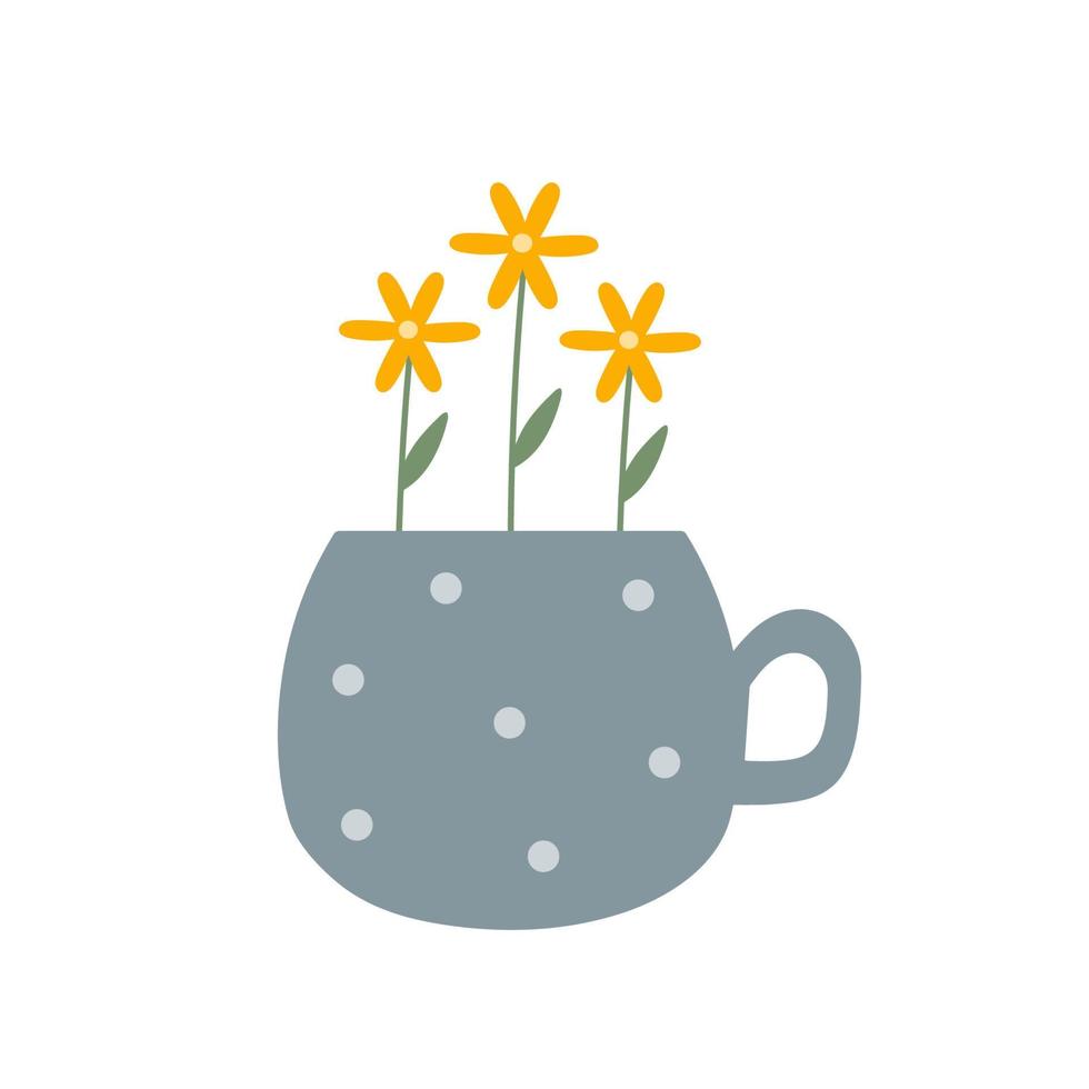 handritade gula blommor i kopp. söt elegant enkel platt botanisk illustration. vårgrönt. illustration för blommiga kort, butiker, påskdekor. heminredning i enkel skandinavisk stil. vektor