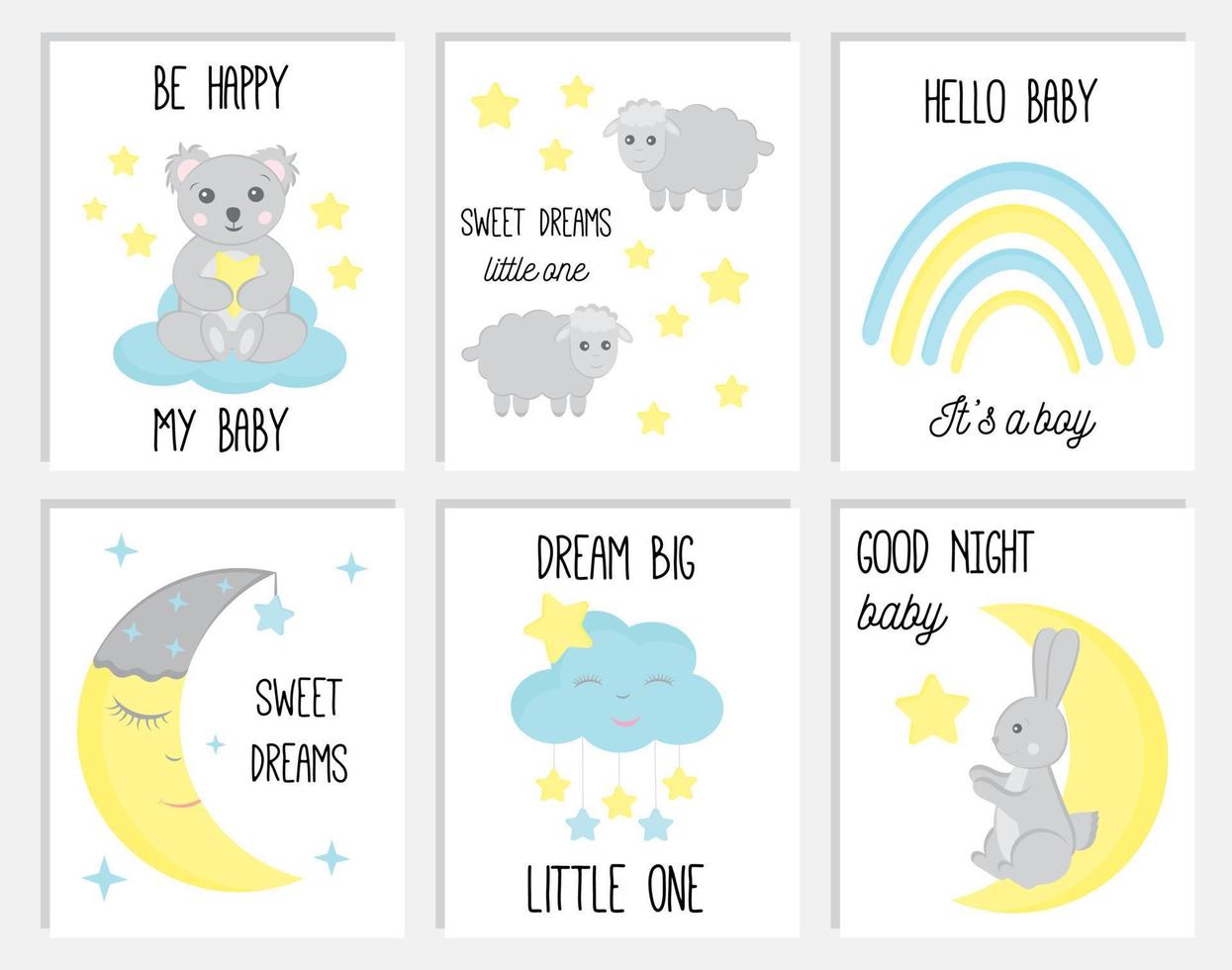 satz niedlicher babypartykarten oder kinderzimmerplakate. handgezeichneter Koala, Hase, Regenbogen, Wolken, Sterne. Vektorgrafiken für Einladungen, Grußkarten, Poster. Baby-Dusche-Feier-Konzept. vektor