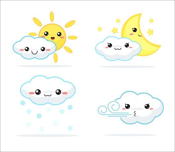 Väderprognos Kawaii tecknad regnbåge moln, sol och måne som ser söta och färgglada ut. vektor