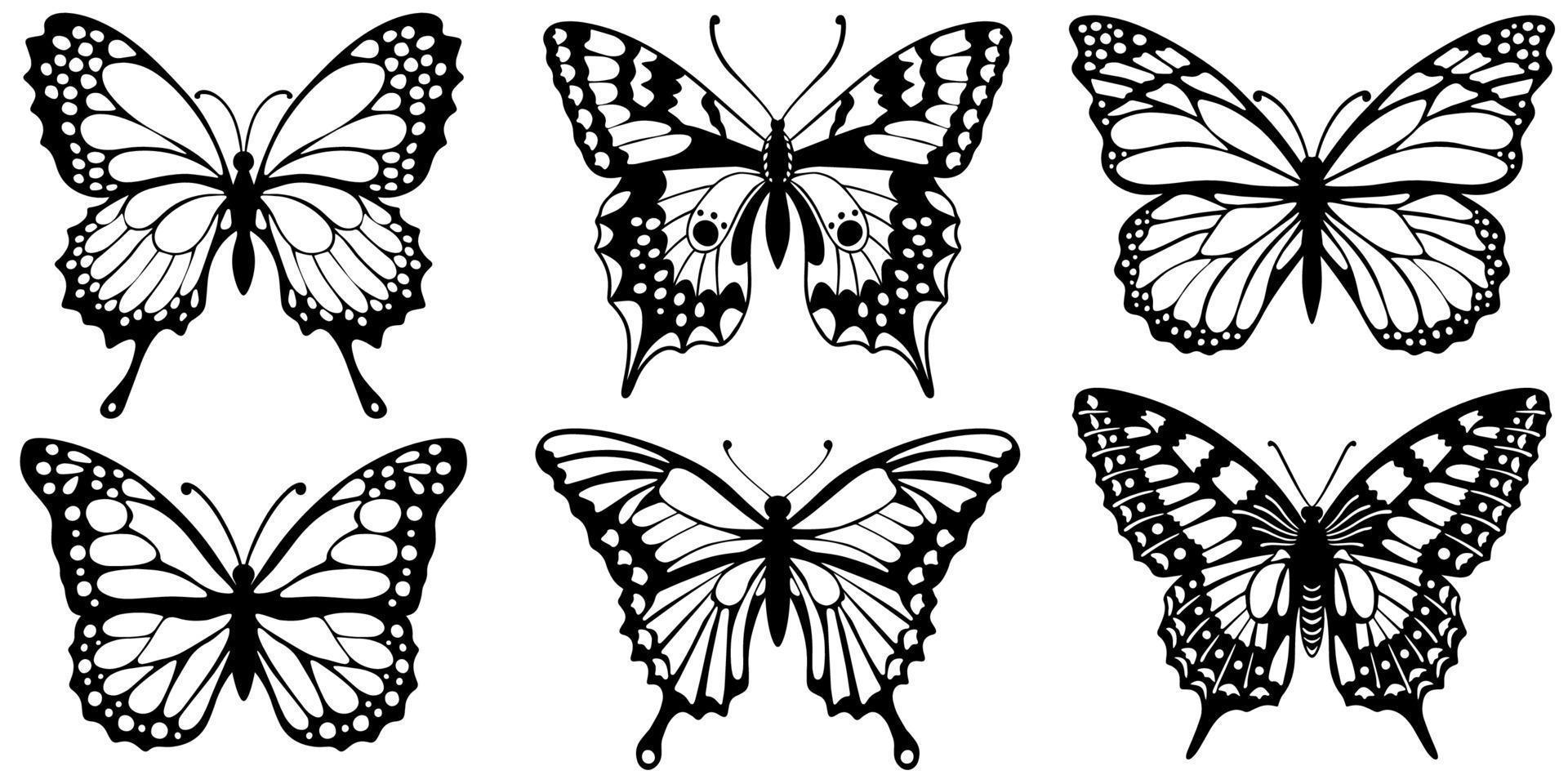 Schwarze Silhouetten von Schmetterlingen auf weißem Hintergrund zeichnen vektor